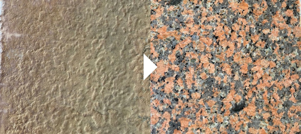 御影石床の研磨ビフォーアフター。白くくすんだ表面が、研磨後はツヤのある美しい仕上がりに改善された様子