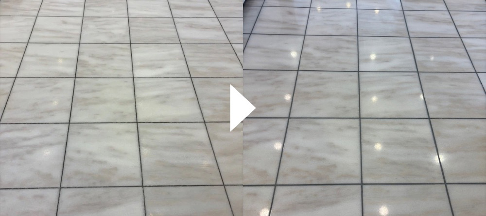 大理石のくもりを研磨で再生した before／after の比較画像。左が施工前、右が施工後