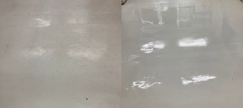 オフィスの床をポリッシャーで表面洗浄しているクリーニング作業