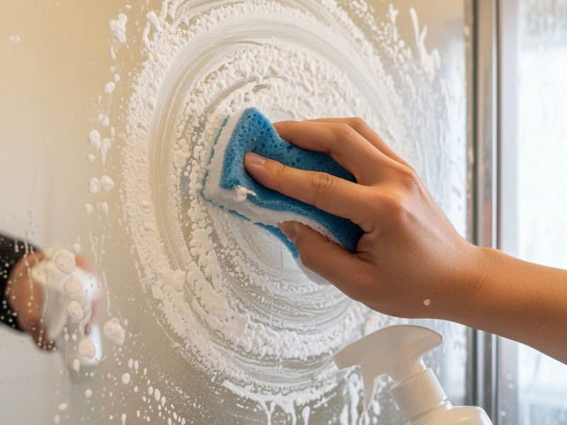 ガラスや鏡の表面に固着した白い水垢やウロコ汚れが広がり、一般的な清掃では落とせず困っている様子を表した説明用イメージ。