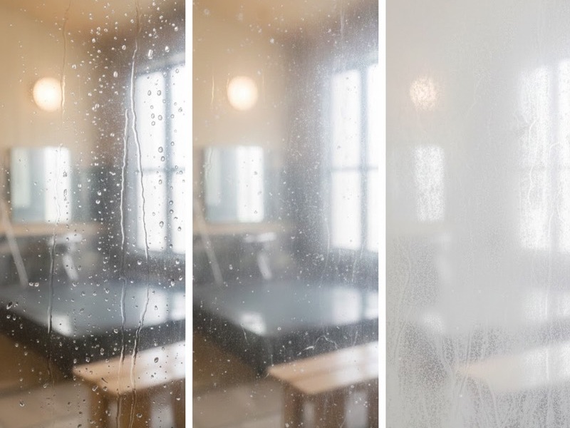 水滴の乾燥を繰り返すことでガラスが白くなっていく水垢蓄積のイメージ