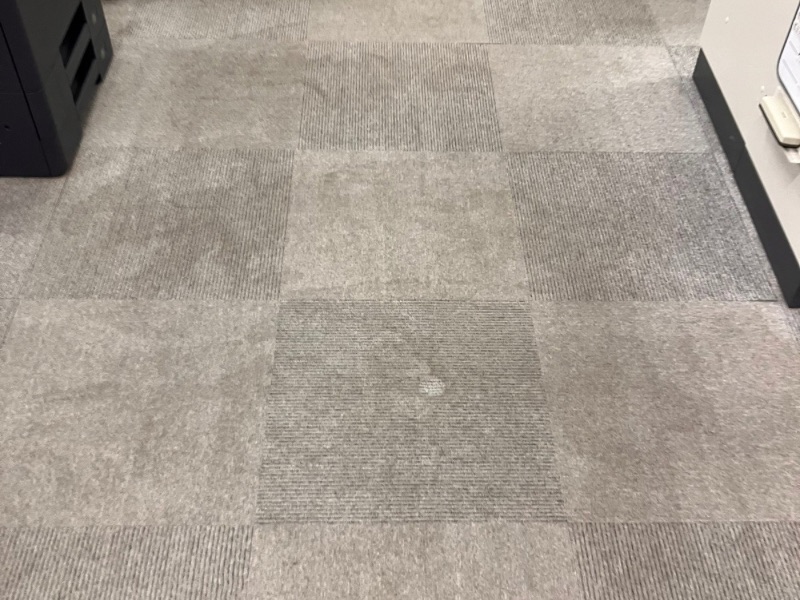 タイルカーペットに固着した古いコーヒーのシミ汚れ