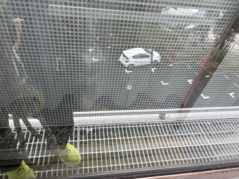 清掃完了後の窓ガラス。スクイジー仕上げにより、反射する雲がくっきりと映るほどの透明度。