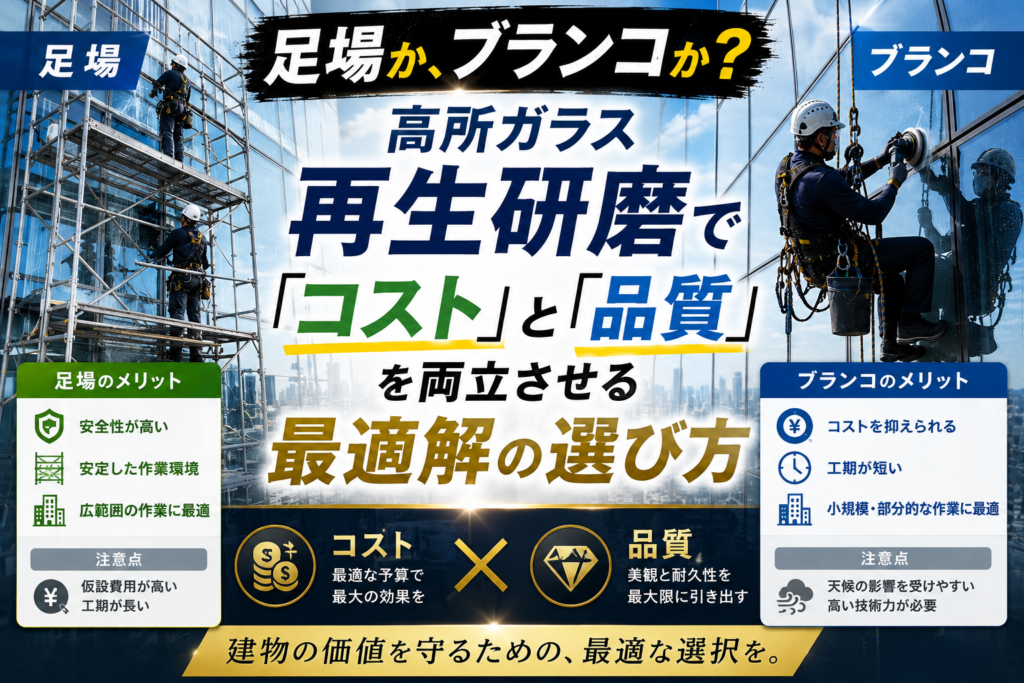 足場か、ブランコか?高所ガラス再生研磨で「コスト」と「品質」を両立させる最適解の選び方