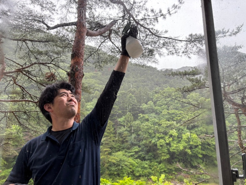 鬼怒川の旅館で窓まわりへ害虫を寄せ付きにくくするスプレーを施工