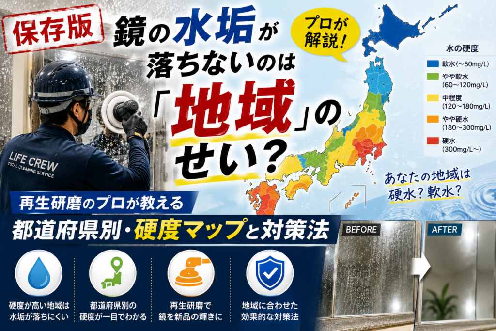 【保存版】鏡の水垢が落ちないのは「地域」のせい?再生研磨のプロが教える都道府県別・硬度マップと対策法
