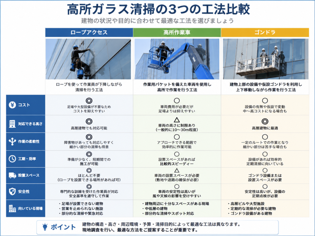ロープアクセス・高所作業車・ゴンドラによる高所ガラス清掃工法の比較