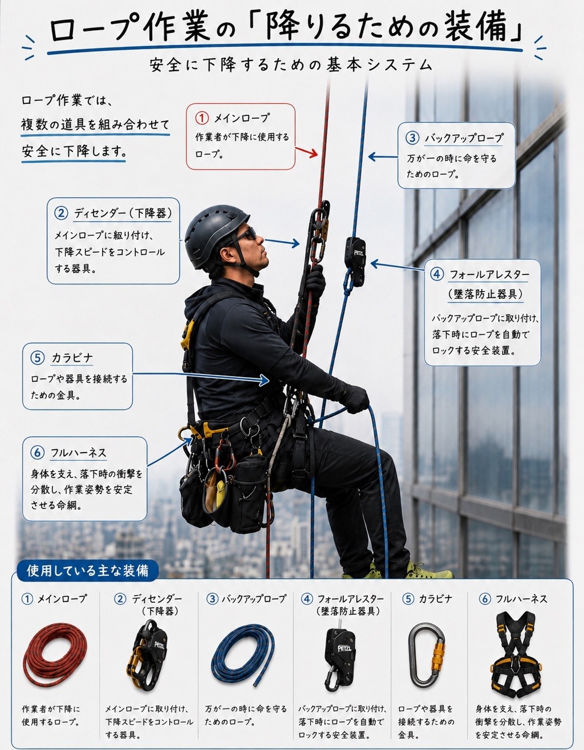 高所ロープ作業の下降システム。メインロープ、バックアップロープ、下降器、フォールアレスター、カラビナ、フルハーネスの構成図