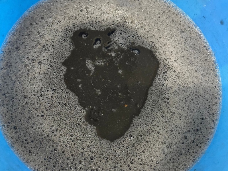 品川区オフィスカーペット洗浄時に出た汚水。内部に蓄積した汚れの多さを示す。